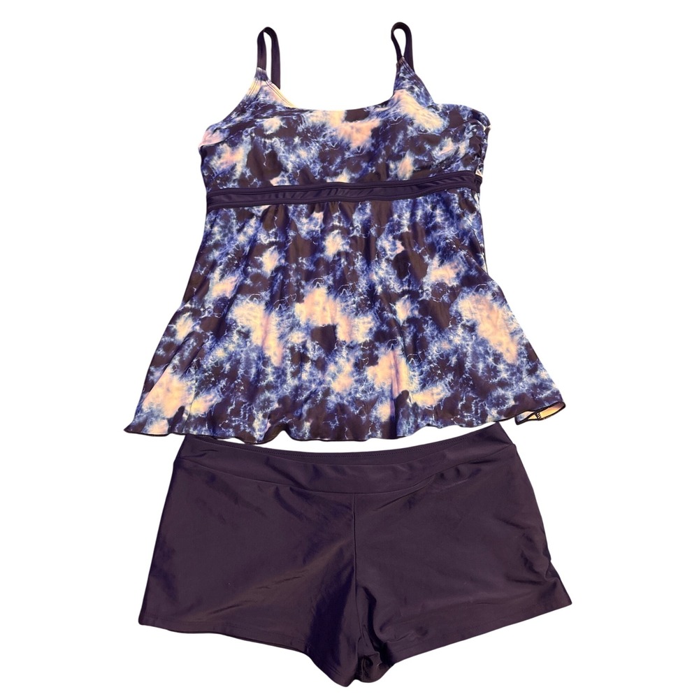 Women's Blue Tie Dye Tankini Swimsuit 2 Piece Boyshorts Adjustable Straps 3XL
